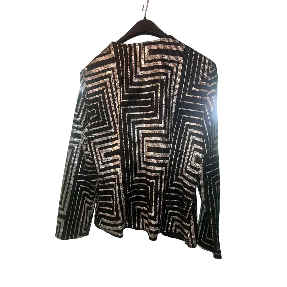 Joseph Ribkoff Silver Metallic Geometric Greek Key‎ Zip Up Jacket Black Size 14